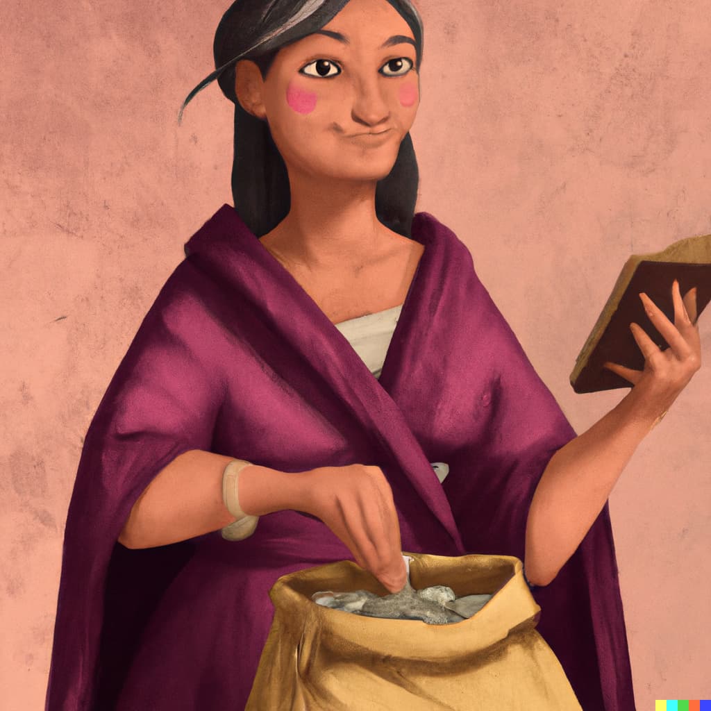 Изображение женщины в античной тоге, пересчитывающей деньги