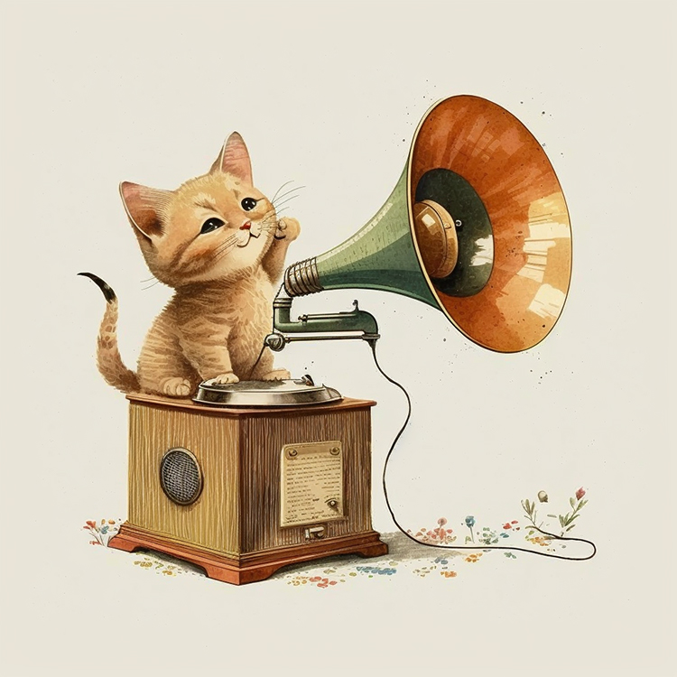 Изображение кота, слушающего музыку из грамофона
